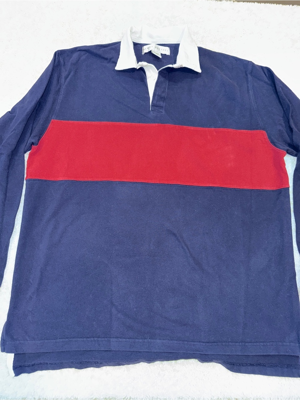 Men's Henry Grethel Navy Rugby Shirt with Red Chest Stripe Size Large